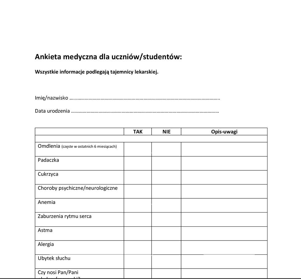 Ankieta medyczna dla uczniw i studentów