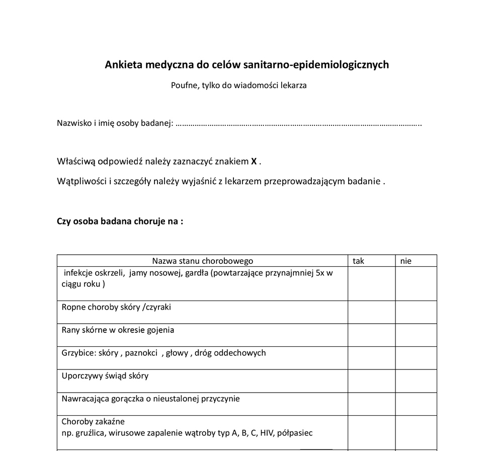 Ankieta do pobrania dla celów sanitarno- epidemiologicznych